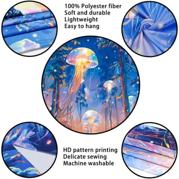 New UV Reactive Blacklight Forest Jellyfish Starry Sky Nature Tapestry, Wall Art